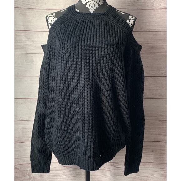 Cozy Casual Black Cold Shoulder Ribbed Knit Sweater Long Sleeves Size S/M - Picture 7 of 16